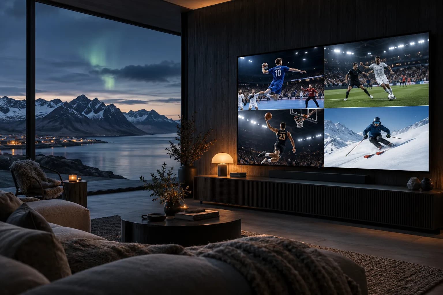 Nordic living room with a television showing handball, football, basketball and skiing